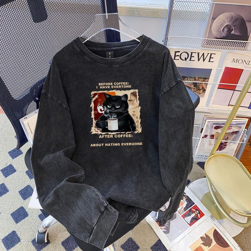 Washed Vintage Oversize Long Sleeve T-Shirt Unisex Black Cat Print Loose Casual Pullover Top Autumn