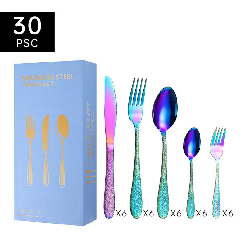 Edelstahlgeschirr, Wasserwürfel-Serie, Messer, Gabel und Löffel, fünf Hauptteile, 30 Stück, Geschenkbox, Geschirranzug