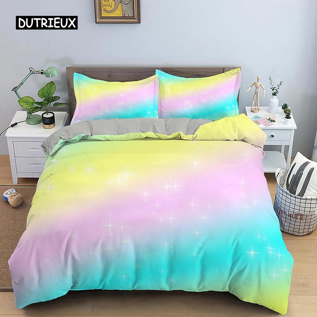 Regenbogen Bettbezug Set für Mädchen Regenbogen Stern Bettwäsche Set Mädchenhaft Glitzernd Doppel Queen King Size Weich und Bequem Bettdeckenbezug