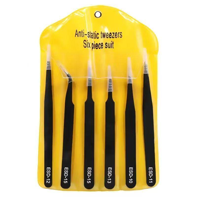 6-Piece Precision Tweezers Set: Yellow Bag for Hair Removal & Eyelash Extensions