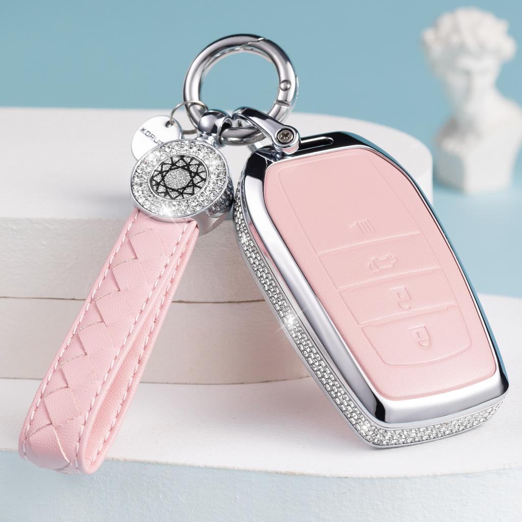 Compatible with Toyota Key Fob Cover with Keychain, Pink Genuine Leather Crystal Key Case Protection Shell for Avalon Camry Cor
