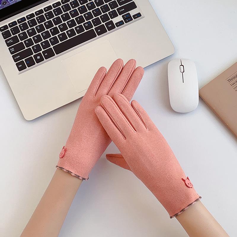 German Velvet Gloves, Warm Ladies Autumn and Winter Students Korean Version of Cute Cycling and Driving Touch Screen Thin Gloves
