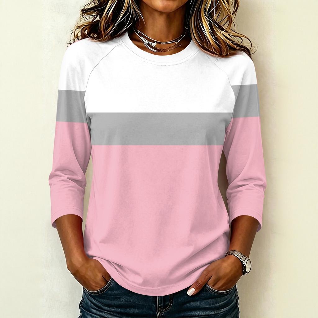 Women's Raglan Sleeve T-Shirt, Round Neck Three-Quarter Sleeve Striped Color-Block Pullover Top