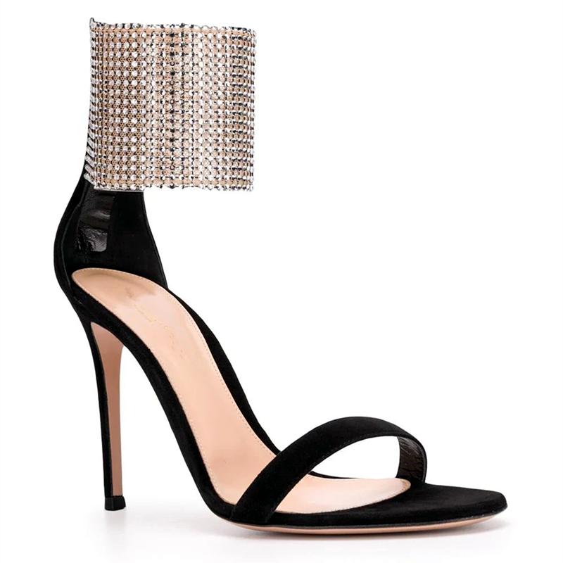 Lato Nowe Sandały Szpilki Kobiety Cyrkonie Pasek z Klamrą Jedno Słowo Czarne Buty na Wysokim Obcasie Kobiety Moda Sandalias De Las Mujeres