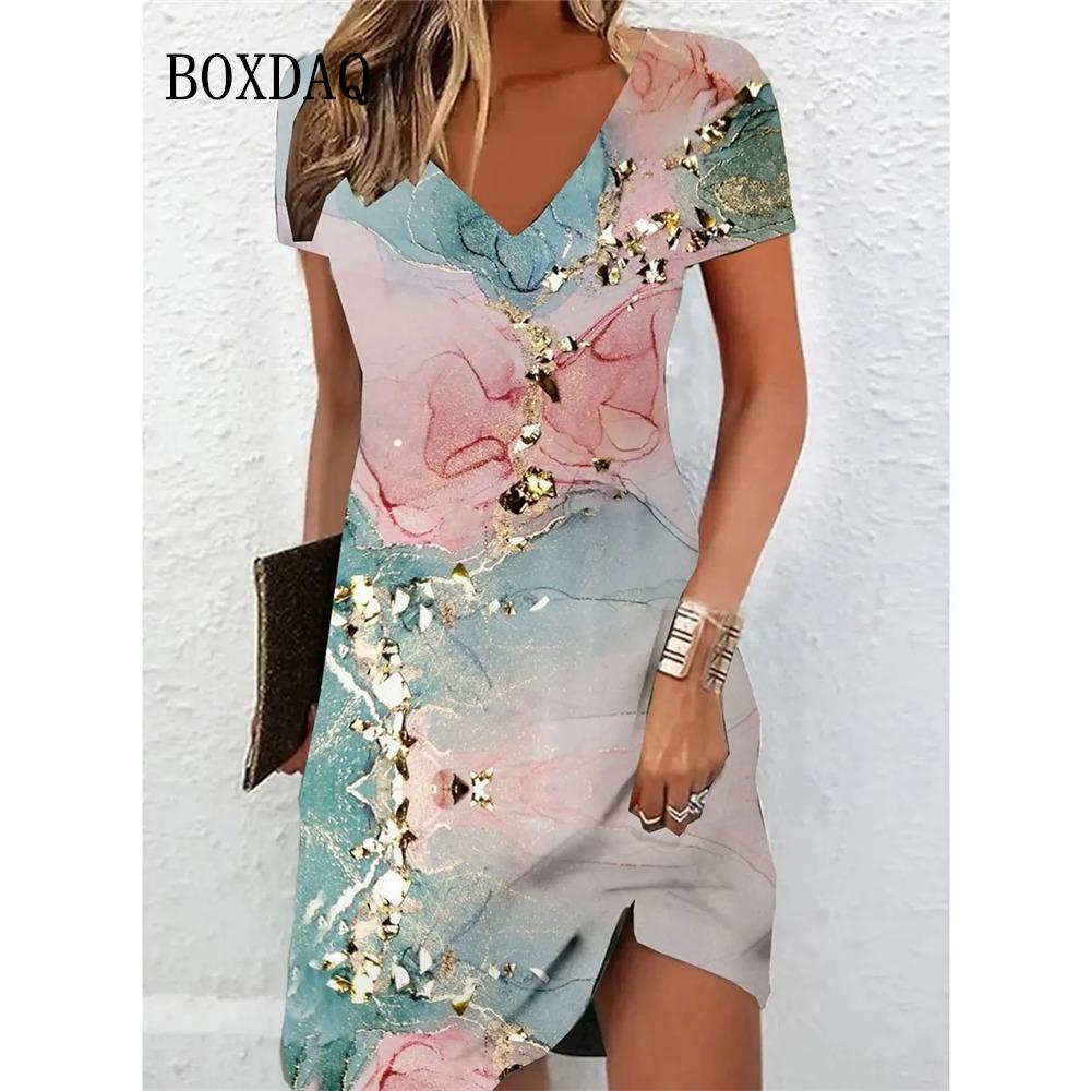 

Женское повседневное платье лето 2025 с мраморным принтом, V-образным вырезом, короткими рукавами, средней длины, модное платье больших размеров S