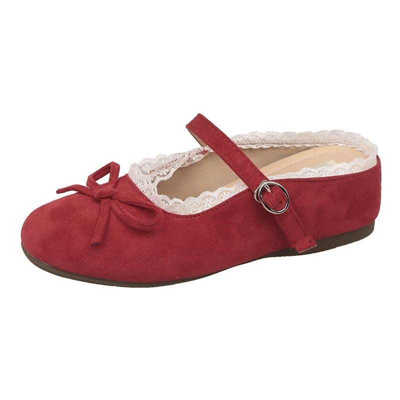 

Туфли Мэри Джейн на мягкой подошве с бантом, туфли Mill, весна и осень 2025, на плоской подошве, с кружевной отделкой, с закрытым носком, крутые шлепанцы для женщин 42 красный