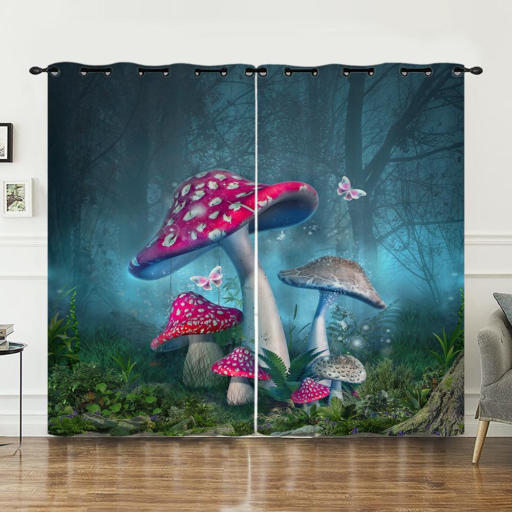 Curtain Mushroom 3D Sunshade Digital Printing Curtain Blackout No Punching Bedroom Living Room
