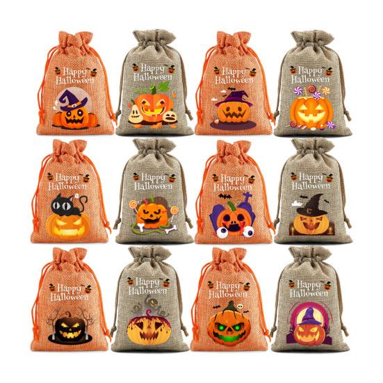 12Pcs Halloween Pumpkin Burlap Gift Bags Small Drawstring Goodie Treat Bag Halloween Linen Jute Candy Bag for Kids Trick or Treat Party Supplies