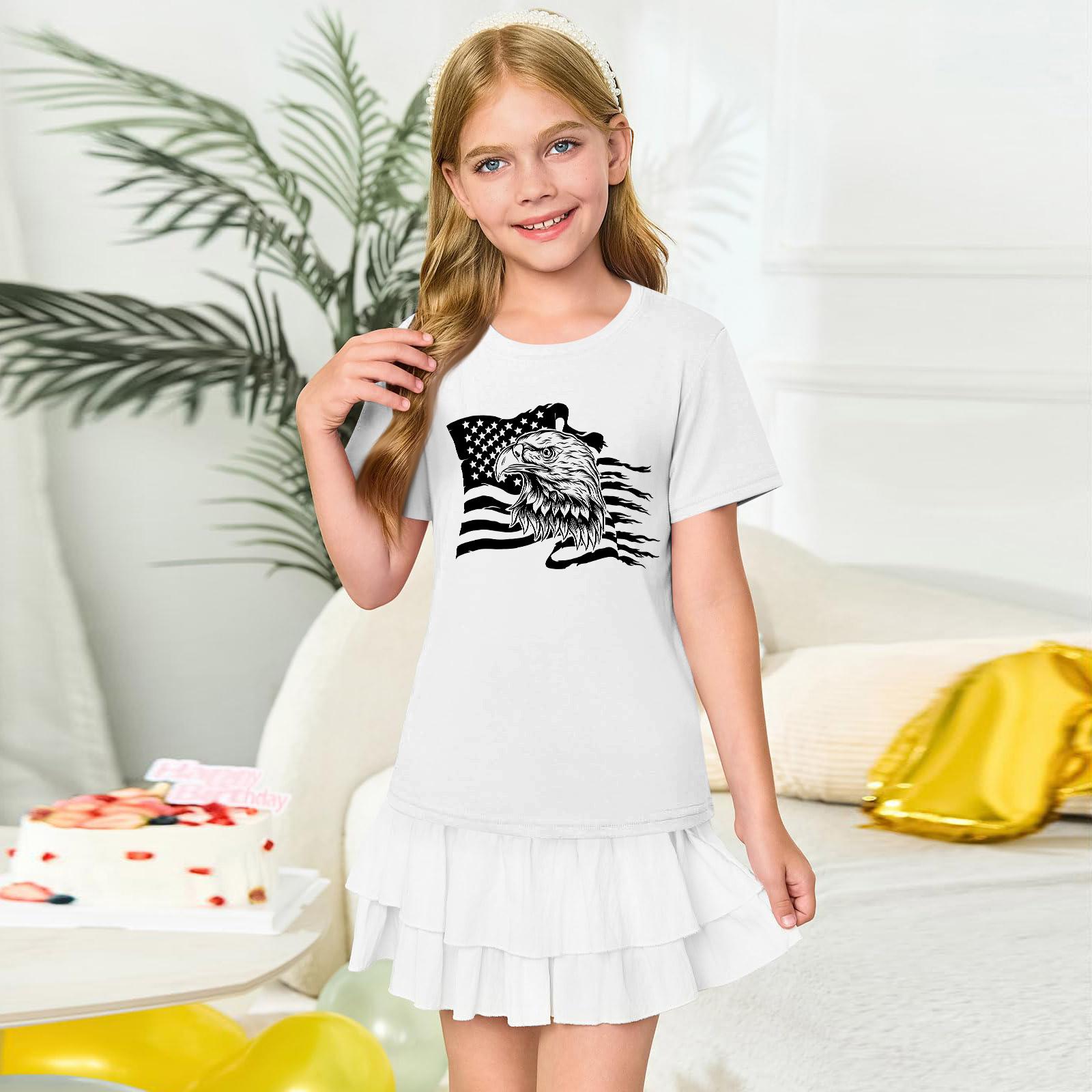 

Girls Short Sleeve Crew Neck T Shirt Casual Printed Tee Lightweight Comfortable Fit for Everyday Wear 160 білий