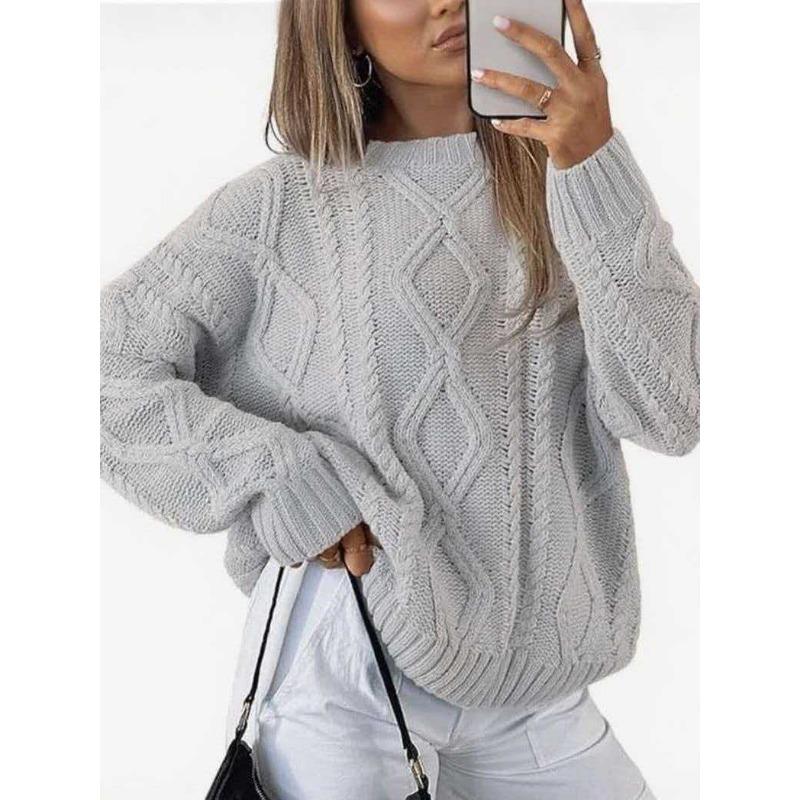 Twisted Cable Knit Crew Neck Loose Long Sleeve Sweater For Autumn Winter