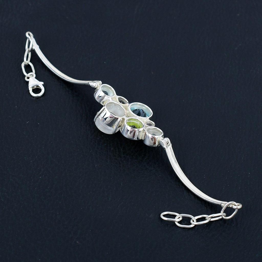 Natural Blue Topaz & Moonstone Gemstone Bracelet, Solid 925 Sterling Silver, Handmade Bracelet Jewerly Gift For Women & Girls
