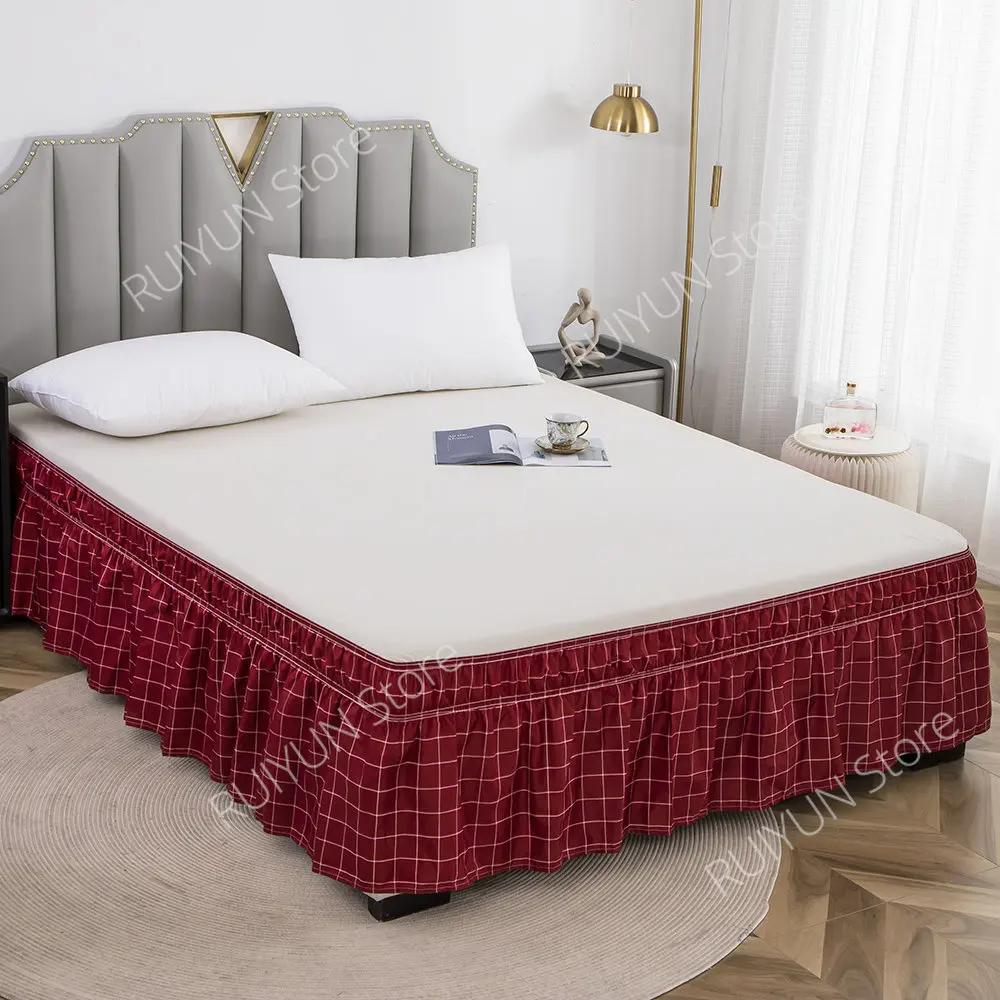 Home Kostkovaná postelová sukně bez povrchu Elastická páska Postelová sukně Omotávka kolem nařasená postelová sukně Couvre Lit Twin /Plná/ Queen/ King