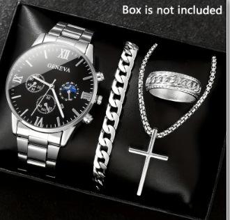 Men S Business Watch Fake Three-Eye Calendar Roman Scale Quartz Watch Cross Necklace Bracelet Ring Set