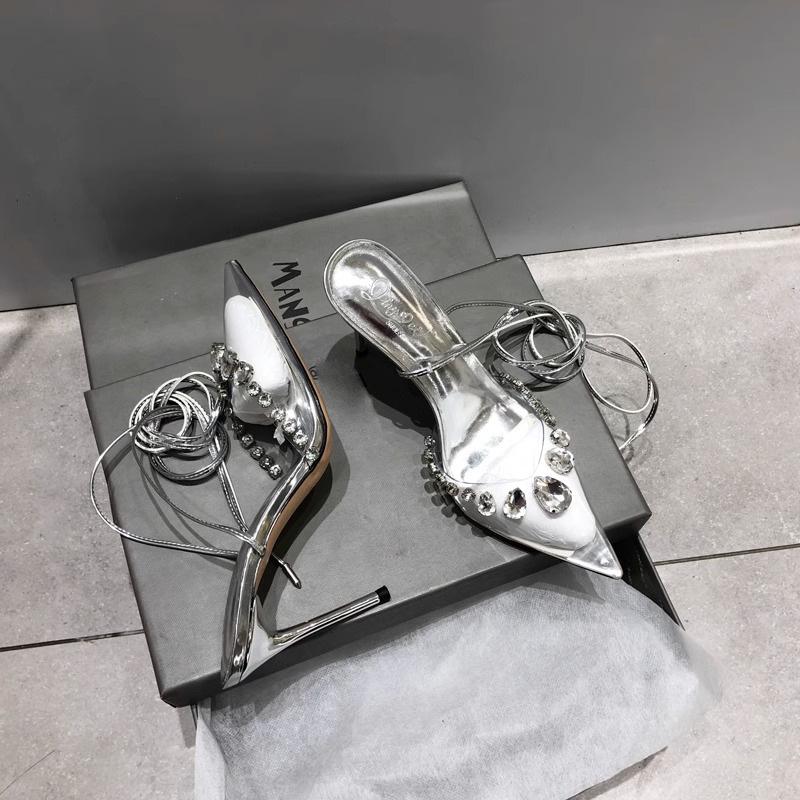 

Прозрачные босоножки с ремешком из стразов, женские, лето 2025, новинка, фея, острый носок, тонкий каблук, сверкающий ремешок с бриллиантами, высокие каблуки 42 серебряный