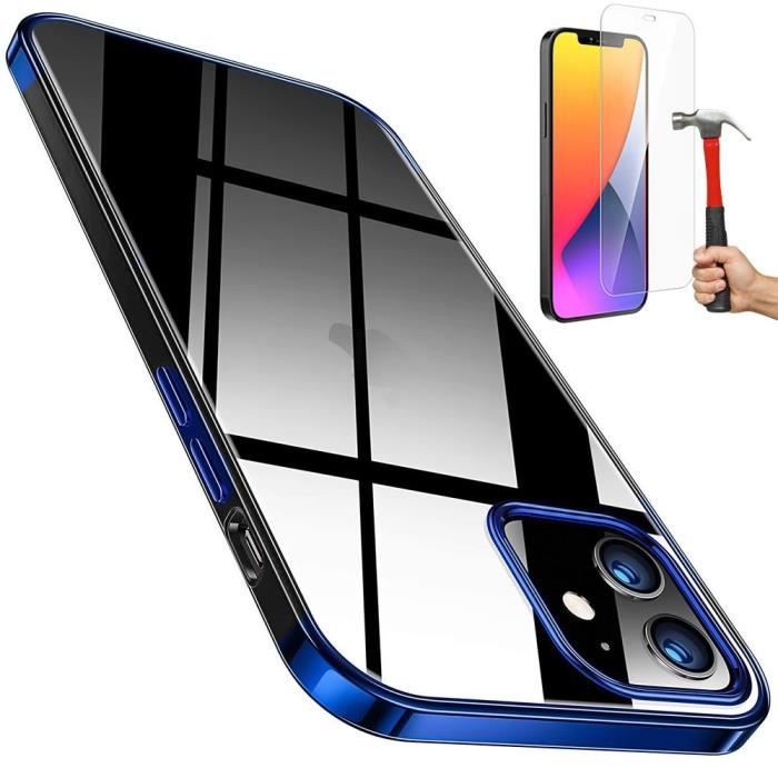 Coque de Protection - BOOLING - pour iPhone 12 - Souple en Gel Silicone - Contour Chromé - Pack 2 Verres Trempés
