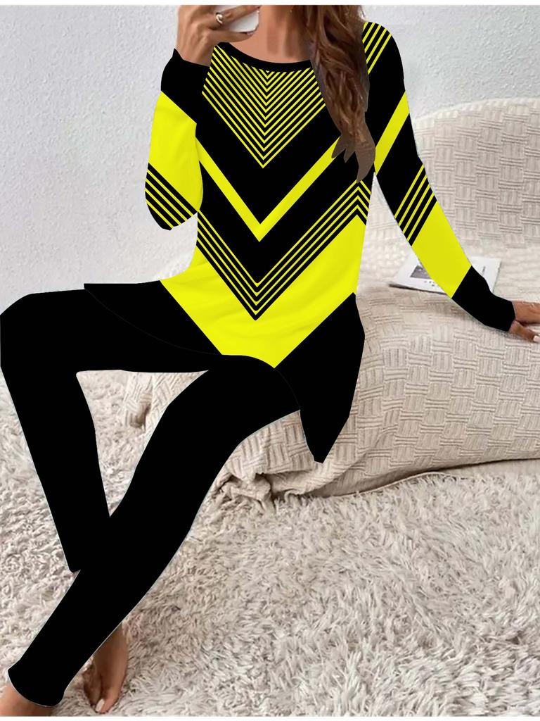 Moda Euro-Americana Estampado Geométrico 3D Feminino Conjunto de Duas Peças Camiseta de Manga Comprida para as Quatro Estações + Calças Compridas. Presente Perfeito para Ano Novo e Natal