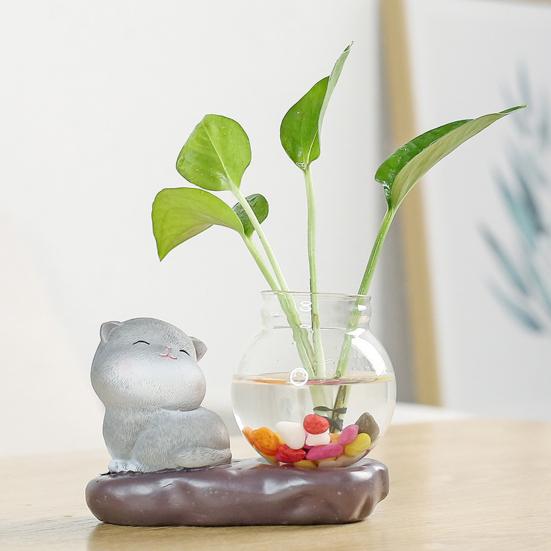 Tierfigur mit Vase, Teetisch, Mini-Blumenvase, Keramik, Hirsch und Katze mit Hydrokultur-Pflanzgefäß aus Glas für Zuhause, Schlafzimmer, Wohnzimmer, Dekoration