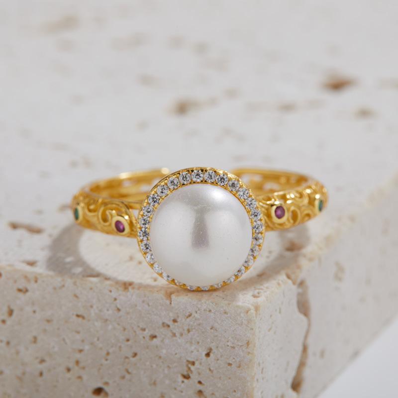Anello con Pietra Preziosa di Perla d'Acqua Dolce Naturale in Argento Sterling S925 Design di Nicchia Anello Aperto per Dito Indice Premium di Lusso Leggero da Donna