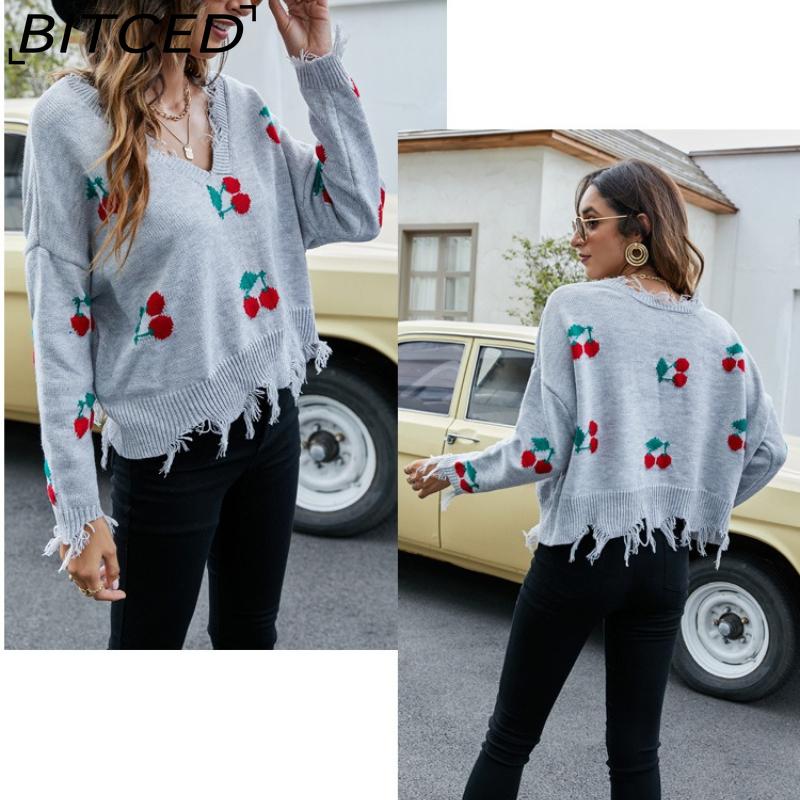BITCED Women's Oversized Cropped V-Neck Sweater Women's Knit Sweater with Fringe for Fall/Winter