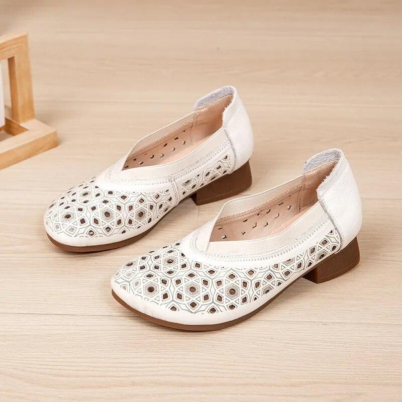 Johnature Vintage Sandaler i Ekte Skinn Slip-on Casual Rund Tå Myk Såle Komfortable Damesko