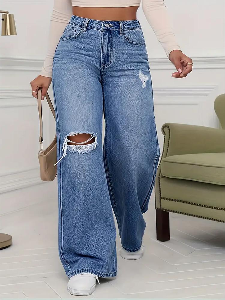 Puffanpop Jeans Rasgados para Mujer Lavado Retro Pantalones de Denim de Cintura Alta Jeans Rectos Sueltos Pantalones Boyfriend
