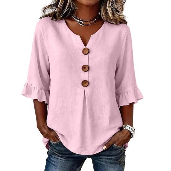 Women Shirt Stand-Up Collar V-Neck Buttons Decor Half Sleeve Ruffle Cuffs Pullover Tops Pure Color Loose Fit Summer Tops