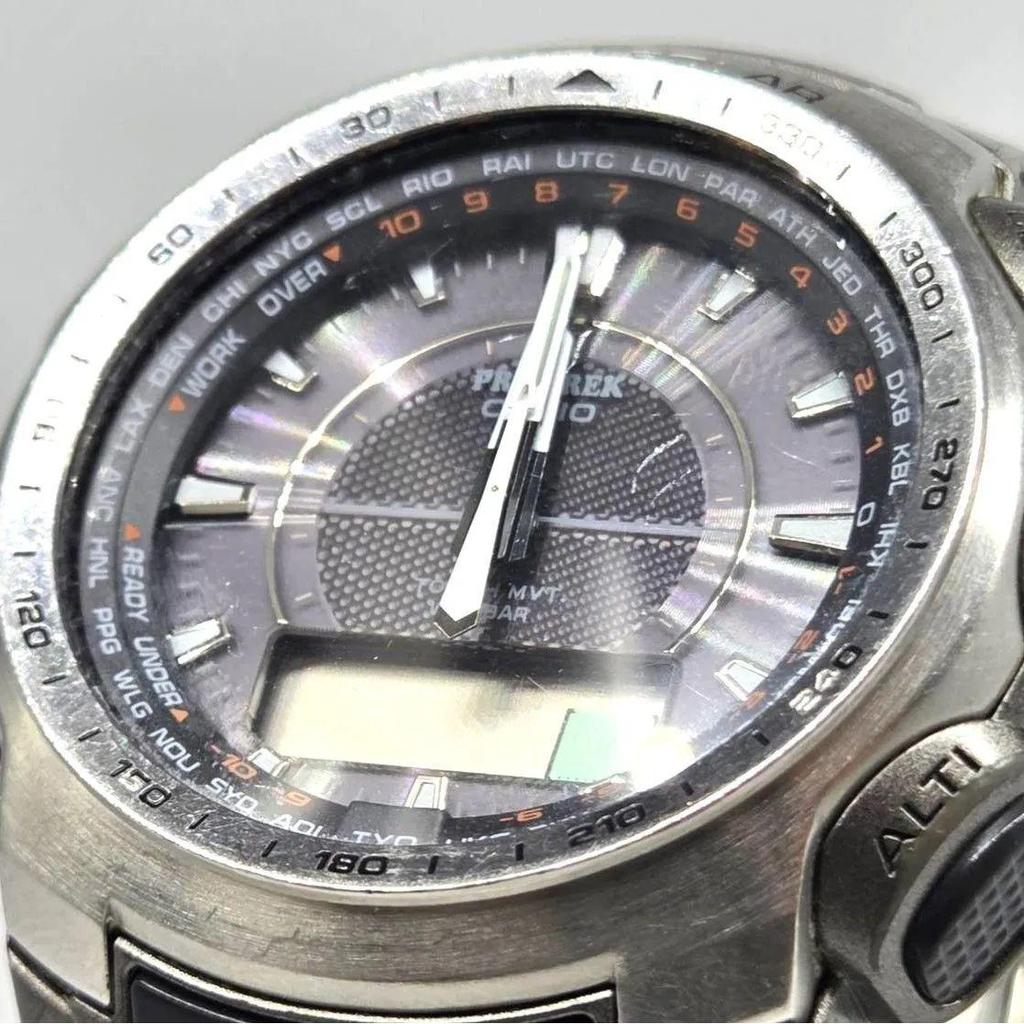 Used CASIO Casio Pro Trek PAW-5100T Solar Watch Stainless Metal Ana-Digi Men's Working Item Used008560
