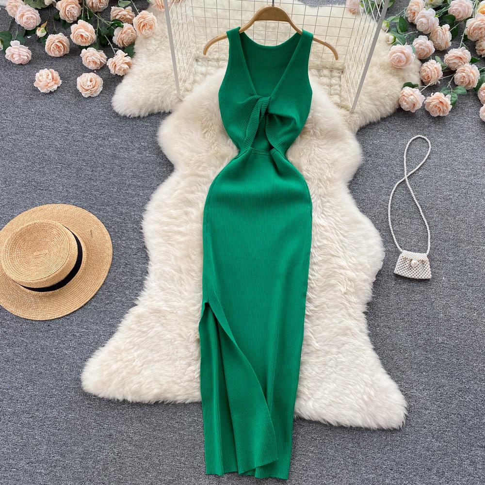 women's Ribbed Knit Maxi Dress Sleeveless Bodycon Split Hem Two Way Summer Long Dress