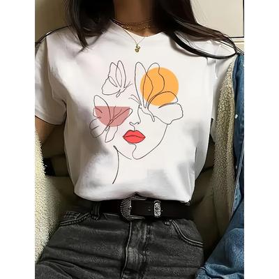 Women Summer Spring Graphic Print T-Shirt Crew Neck Short Sleeve Opaque Breathable Casual Versatile Machine Washable Top