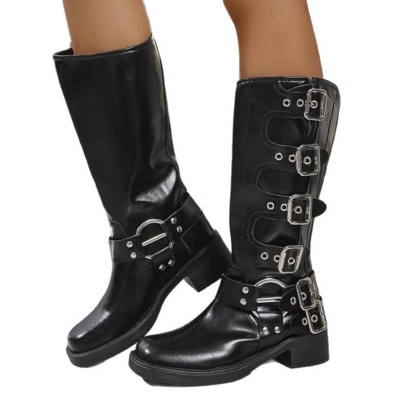 Belt Buckle Retro High Boots, Fashion Boots, Women's Shoes, New Long Boots, Chunky Leather Boots