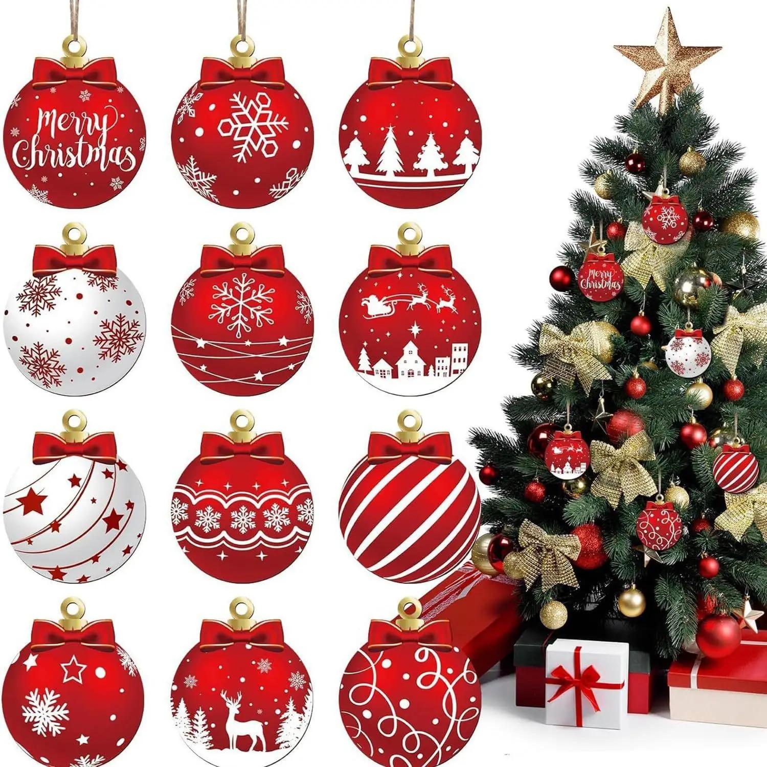 

12pcs/set Elk Snowflake Pattern Christmas Red White Wooden Christmas Ball Ornament Party Hanging Decoration Supplies Winter 12pcs