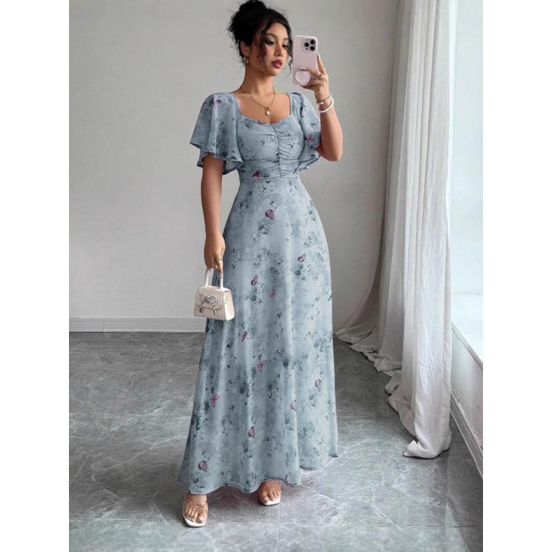 Sommer Neues Lotusblatt-Ärmel-Print Schlankes Temperament Elegantes Kleid Ist Jetzt