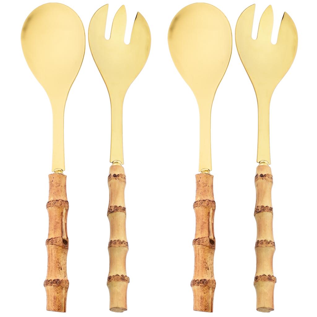 2/4pcs Bamboo Handle Dinnerware Set Salad Fork Spoon Cutlery Set Mirror Stainless Steel Flatware Western Home Kitchen Tableware