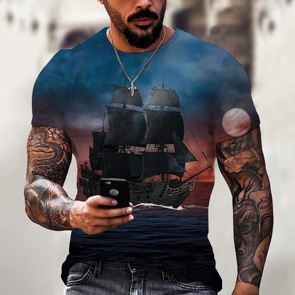 Vintage T-Shirts Men Spring Clothing Boat Graphic Apparel Streetwear Men's Clothing Casual Short Sleeve Tops For Male Shirt Tees
