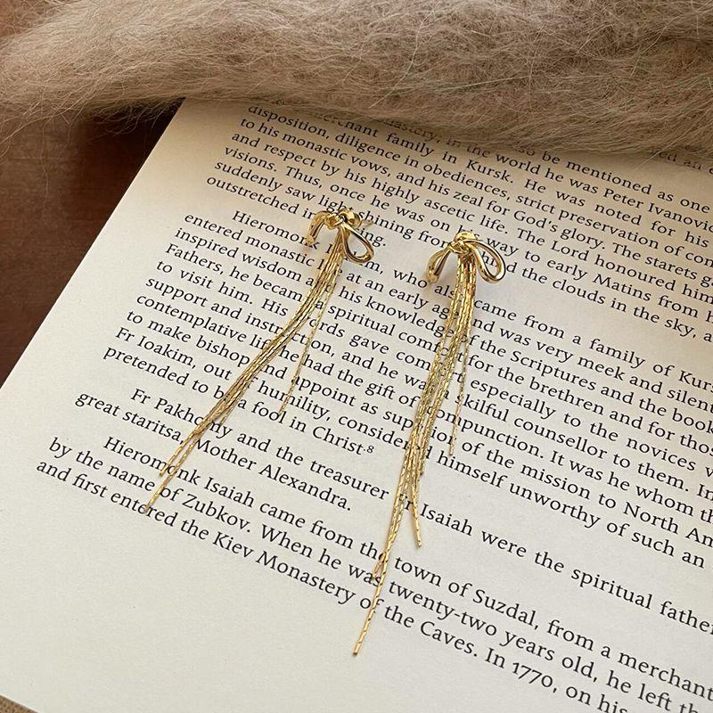 

One Style for Dual-Wear Bows Tassel Earrings Female Korean Style Square round Face Show Face Small Ear Studs Minimalist Long Elegant Earrings Golden Bows tassel earrings (Silver Needle)