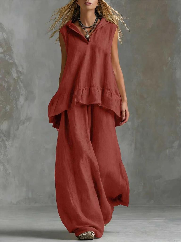 Sommer Neues Elegantes Mode Baumwoll Leinen Lässiges Ärmelloses Oberteil Weite Hosen Set