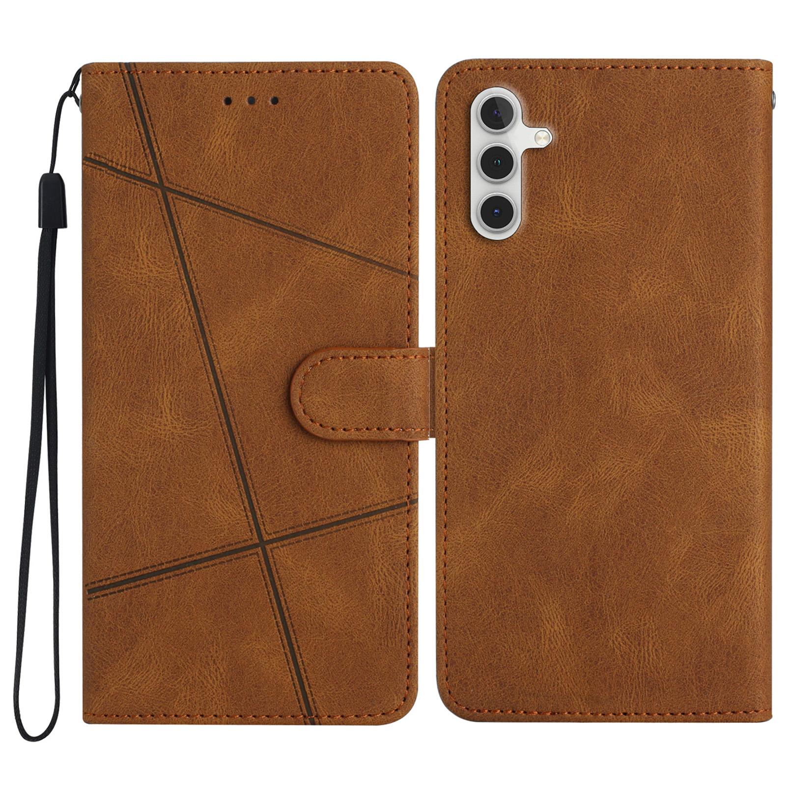 

For Samsung Galaxy M36 5G Wallet Case Line Imprinted Skin-Touch Leather Flip Phone Cover Brown