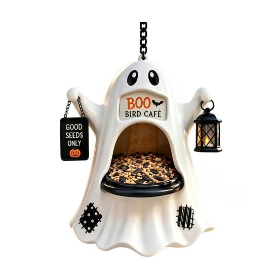Durable Resin Bird Feeder Halloween Ghost Feeder, Outdoor Hanging Big Mouth Wild Feeding Spooky Yard Decor Station, Statue for Outside Garden Backyard