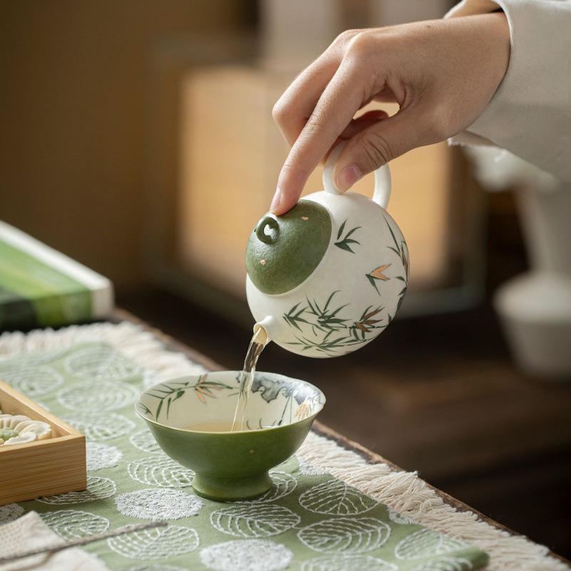 New Chinese hand-painted gold-painted bamboo ceramic teapot ball hole filter household tea anti-scalding hand single pot Kung Fu tea set