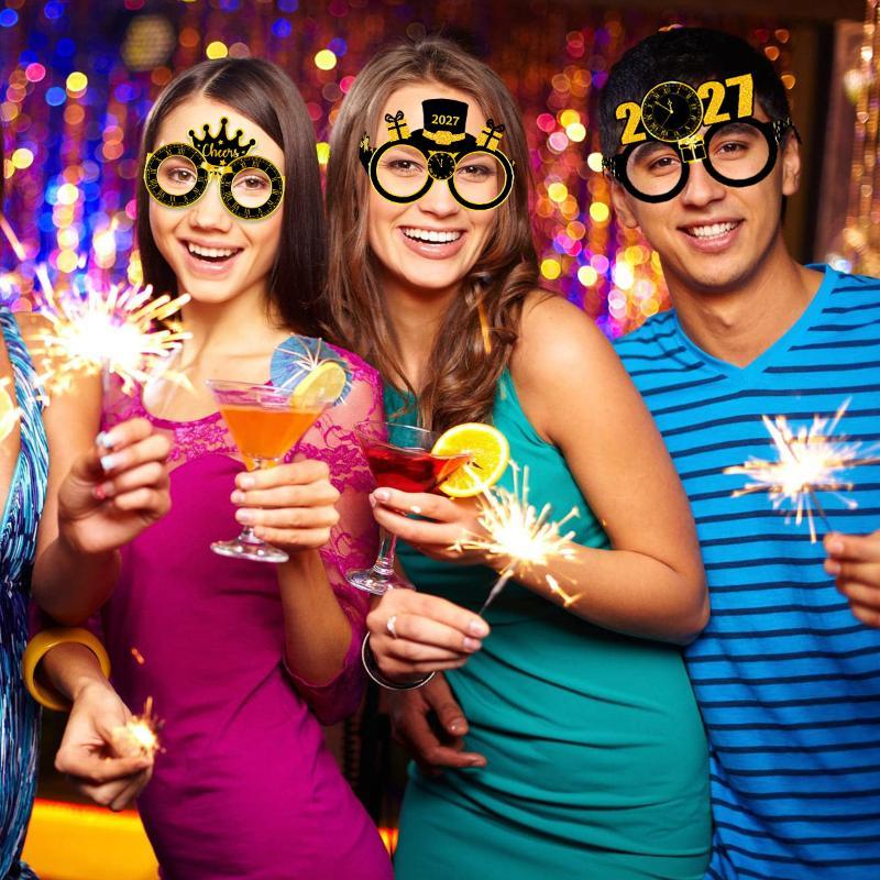 2027 Happy Year Party Paper Glasses 8Pcs Black Gold Glitter For Years Eve Gatherings Po Booth Props