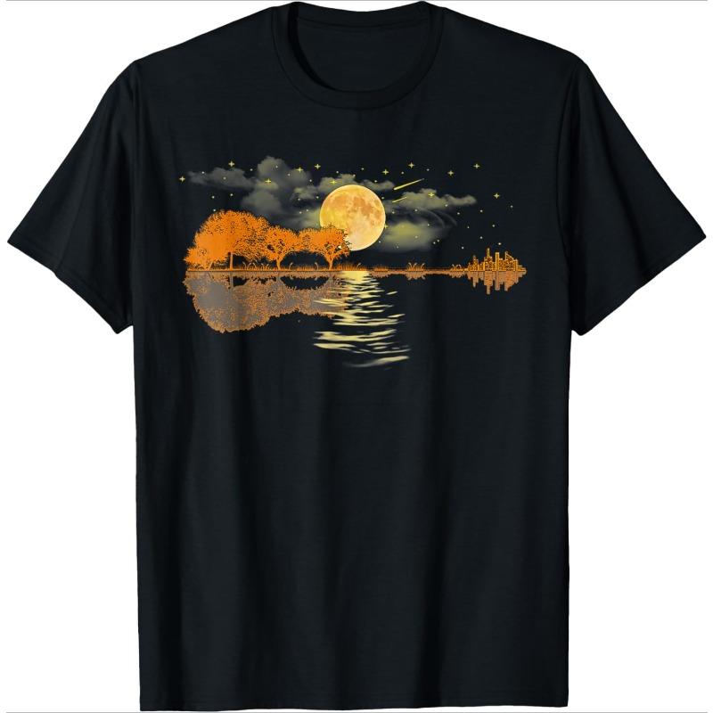 Acoustic Guitar Moon Cityscape Reflection T-shirt
