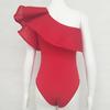 Traje de baño mono ajustado de Color sólido con encaje de hoja de loto sexy de un solo hombro para mujer