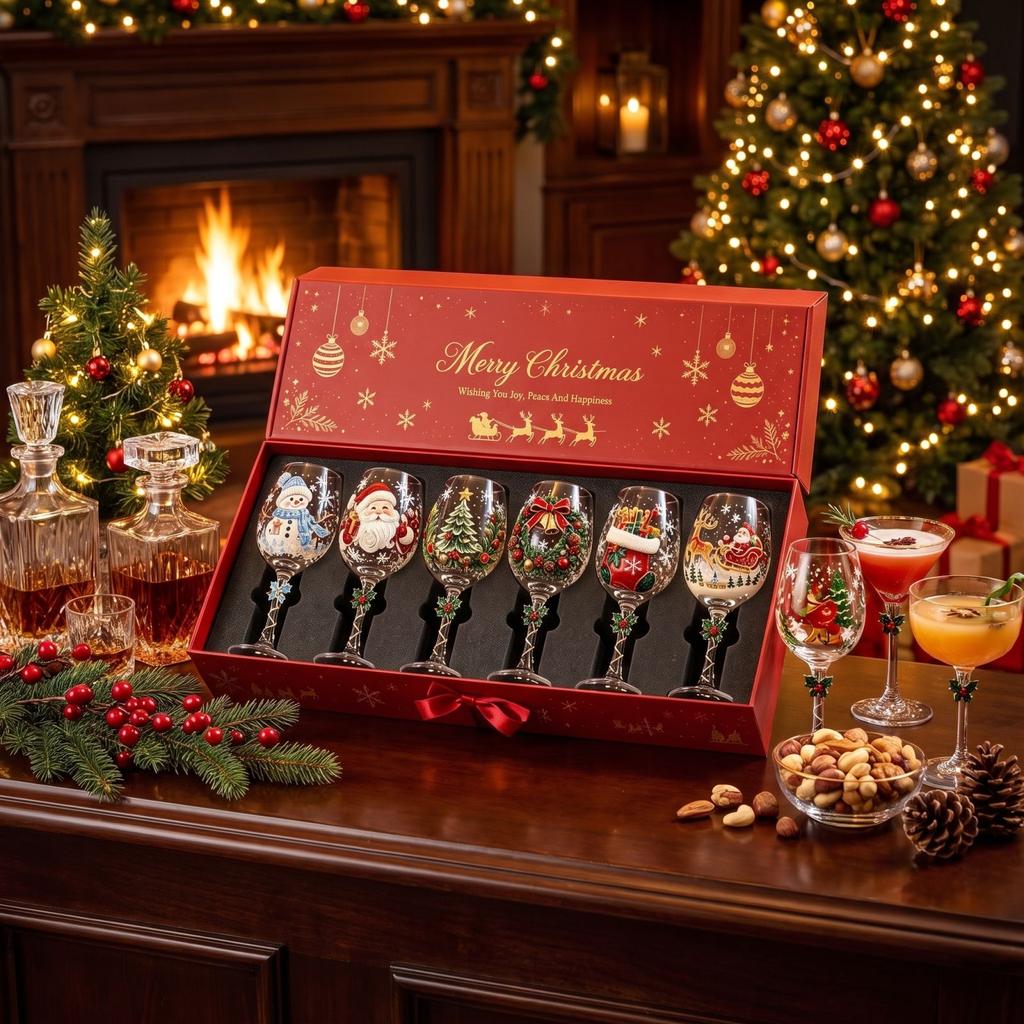 Christmas Stemmed Glasses, Glass Holiday Drinkware Gift Box Set for Festive Entertaining