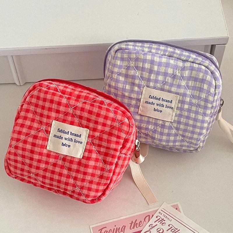 Quilted Cotton Ladies Small Storage Bags Purse Pillow Female Makeup Pouch Case Handbags Contrast Color Plaid Women Cosmetic Bag