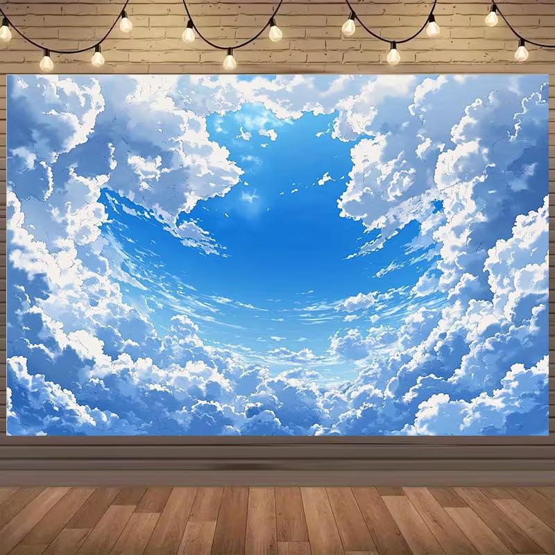 2D Dreamy Blue Sky Clouds Backdrop Kids Birthday Wall Decor Background