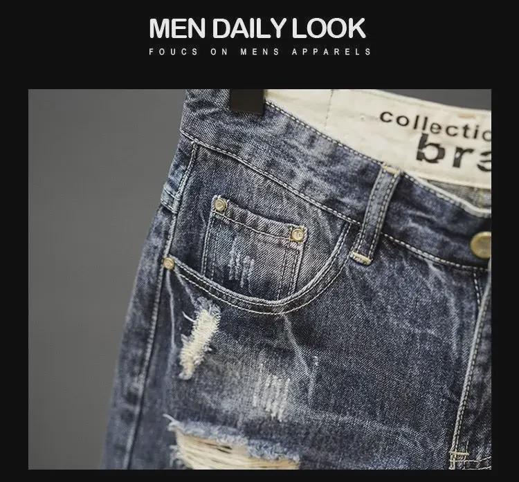 Pánské retro džínové šortky s trháním v japonském stylu: Letní trend, Rovný střih, Ležérní móda, Střední délka.