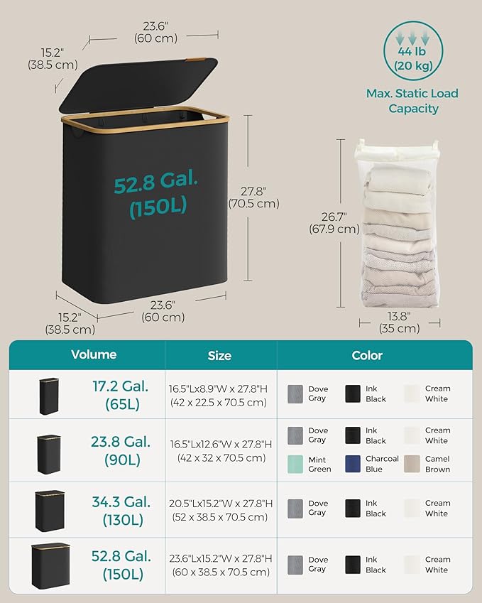 SONGMICS Laundry Basket with Lid, 3-Section Large Laundry Hamper, 150L, Removable Mesh Liner, Oxford Fabric, Bamboo Handles, Collapsible