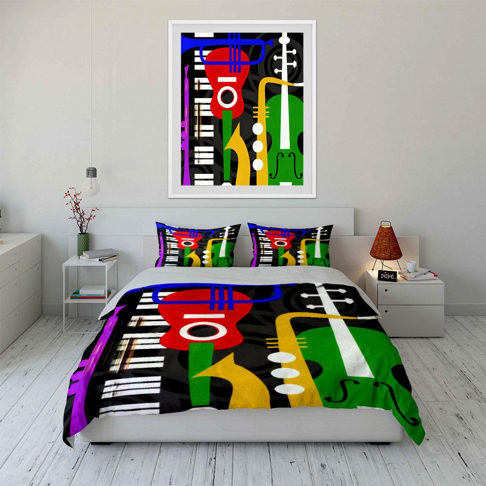 Colorful Musical Instruments Art Decor Bedding Set With 1 Duvet Cover 2 Pillowcases Single Double King Queen, Gift