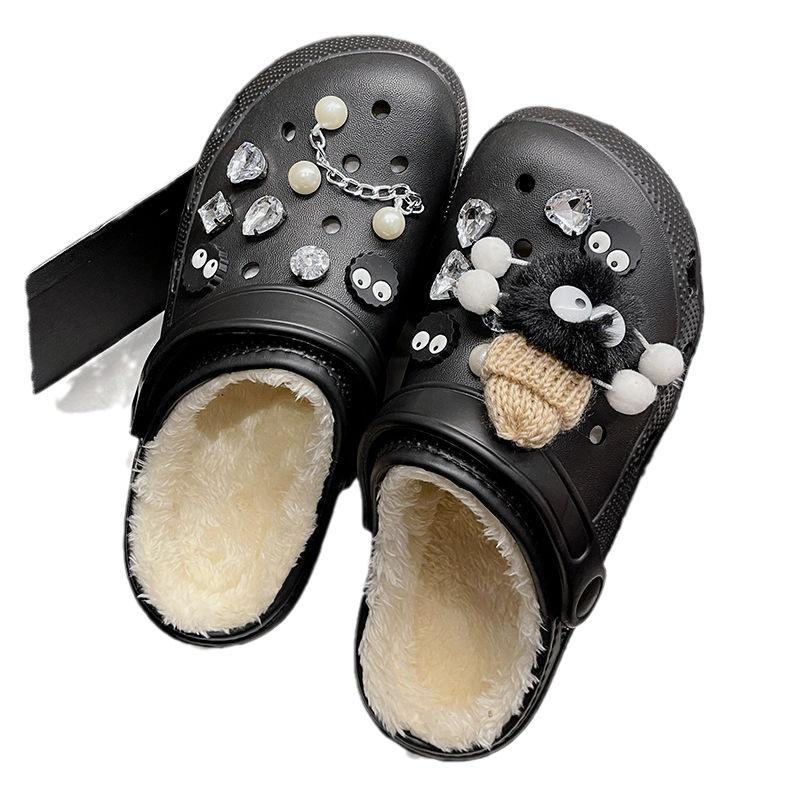 Cotton Drag Hole Shoes Women's Autumn and Winter New Cute Little Briquettes Outer Wear Thick Sole Warm Velvet DIY Winter