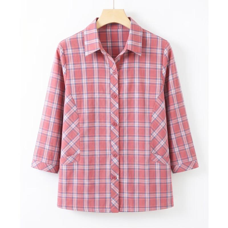Hodo Women's Mid-Aged Pure Cotton Seven-Sleeve Plaid Blouse